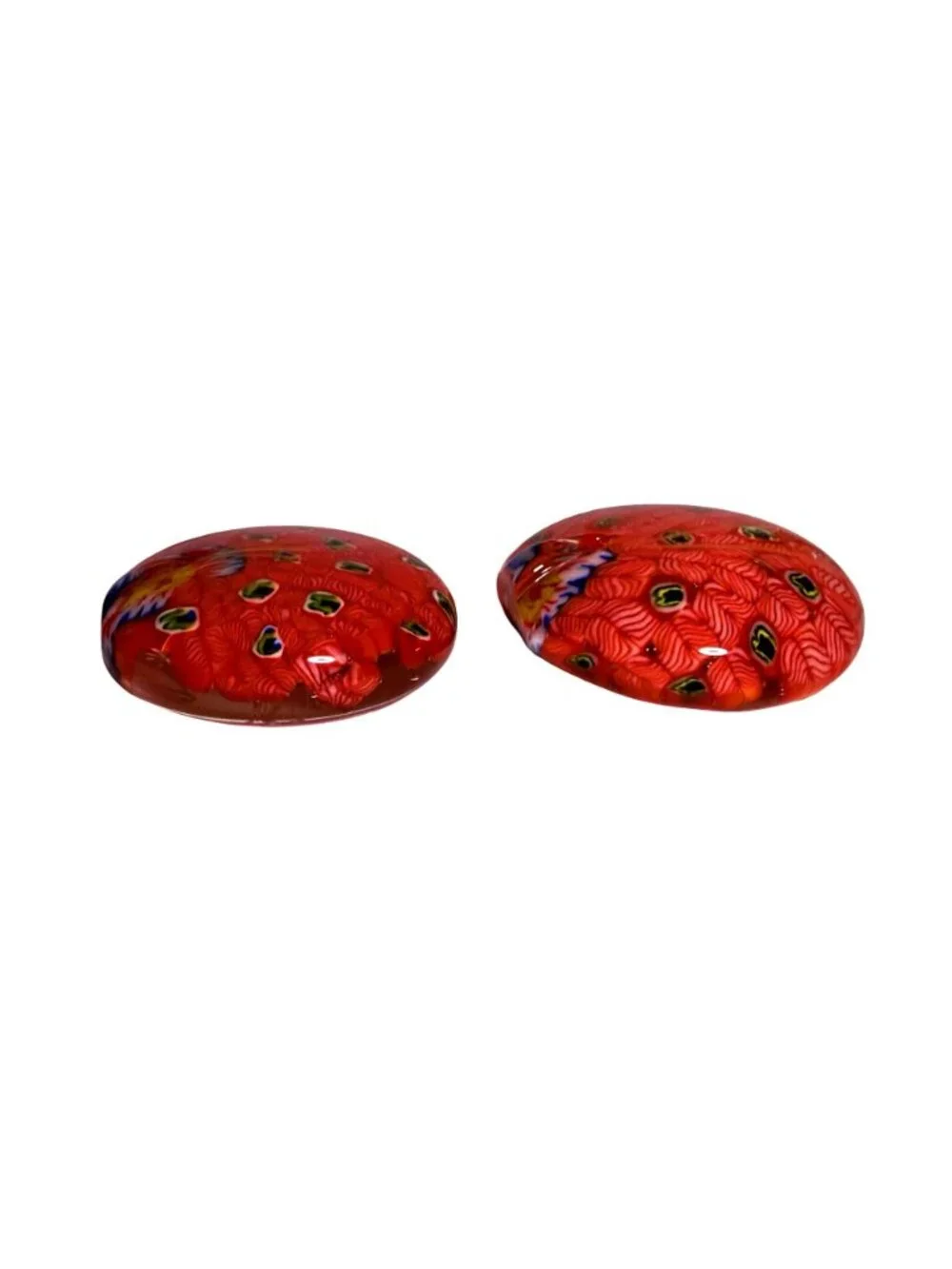 Art Glass Peacock Paperweights Red/White Multicolor Millefiori Design Set of 2